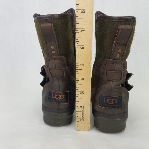 UGG Simmens Boots Women 6 Leather Waterproof Brown Olive Shearling Lining Zip Up - Picture 16 of 16
